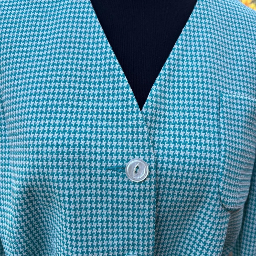 vintage 90s Teal green Houndstooth Belted Blazer office siren career CEO size 10 - Picture 2 of 10